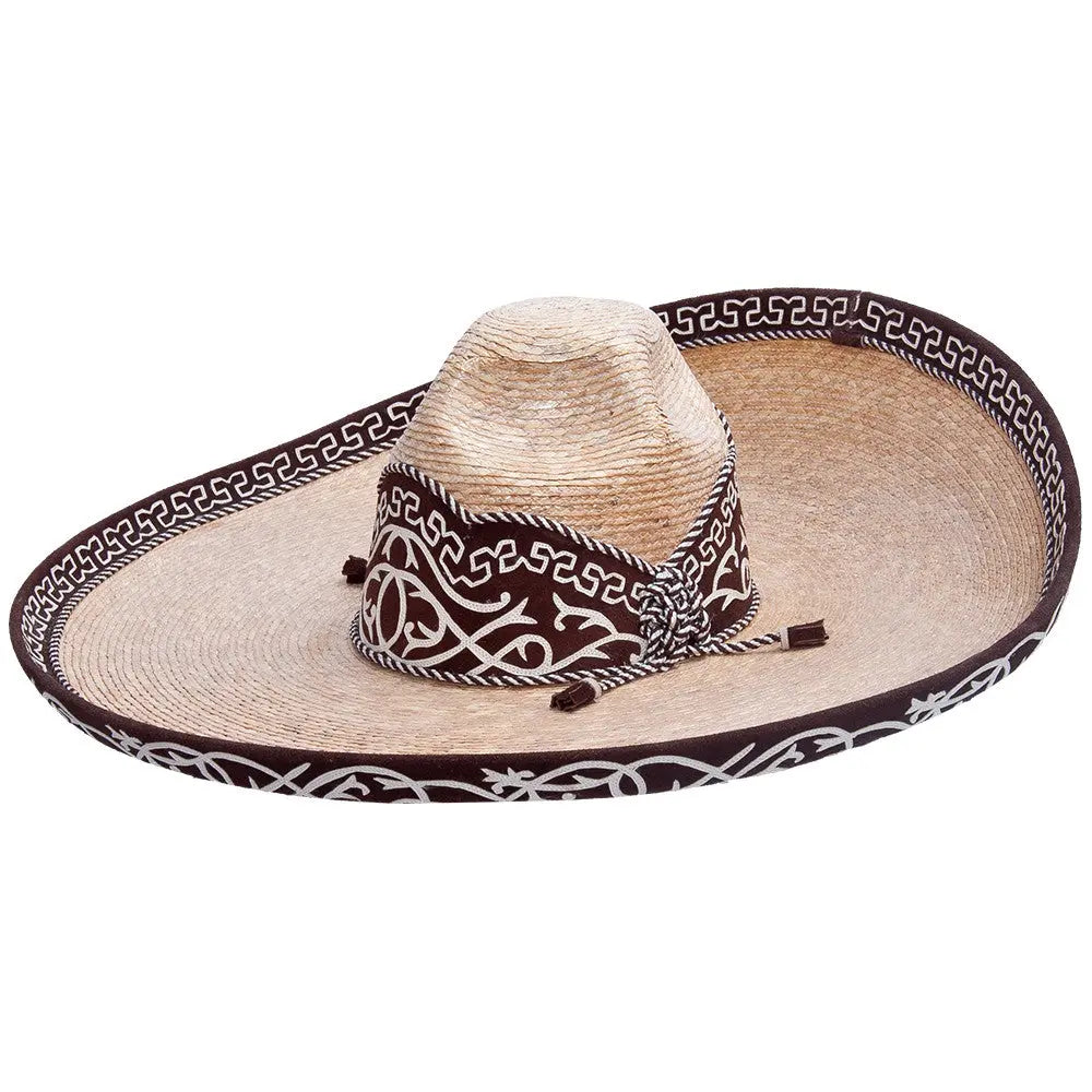 Wide Brim Woven Palm Hat with Brown Embroidery