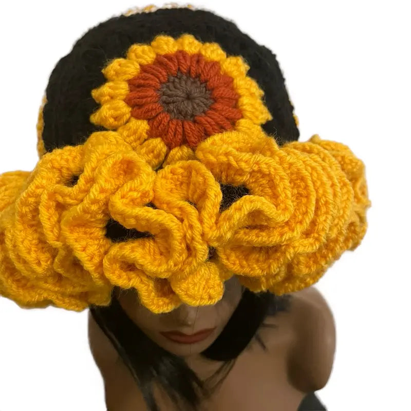 Crochet Sunflower Hat With Ruffled Yellow Brim
