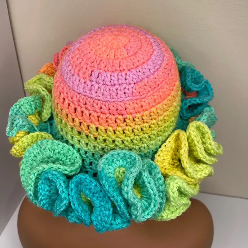 Rainbow Crochet Ruffle Hat