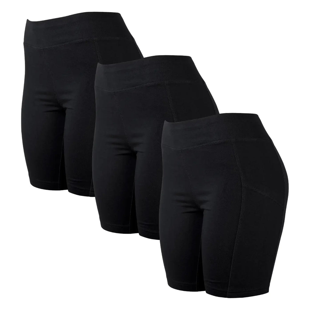 Three Black High-Waisted Stretch Biker Shorts