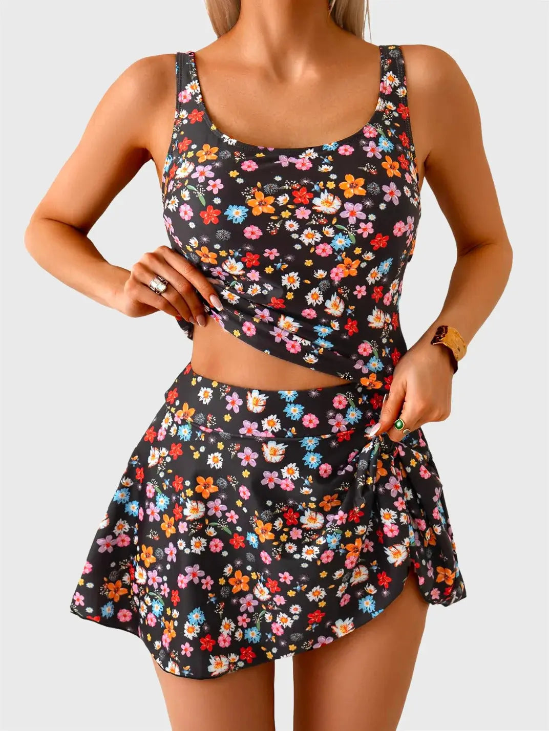 Floral Print Two-Piece Swim Tank and Skirt Set