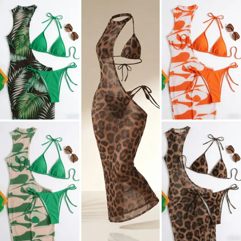 Green Palm Print Bikini with Sheer Maxi Cover-Up