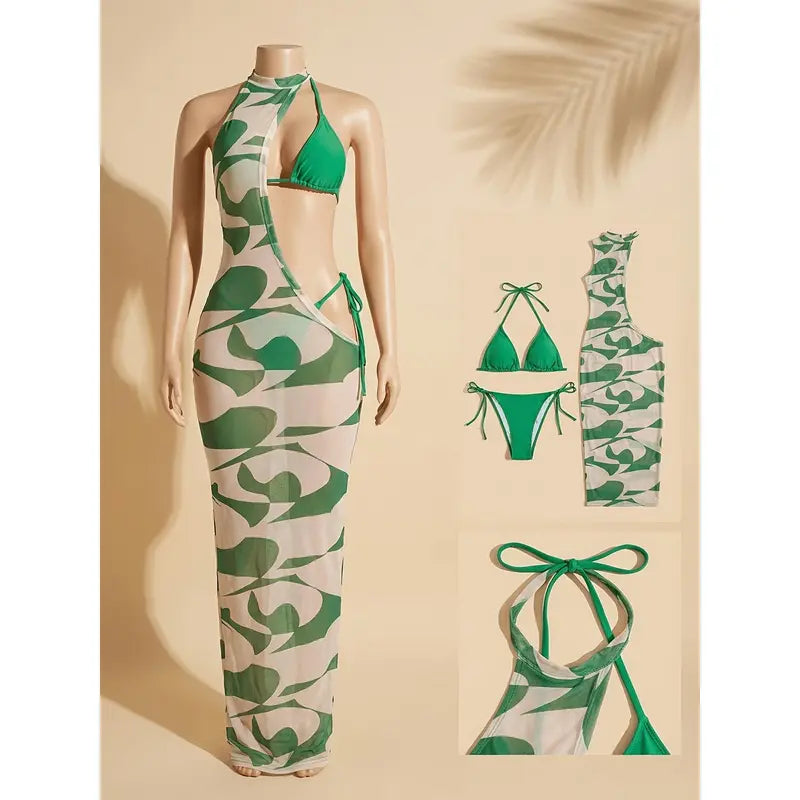 Green Palm Print Bikini with Sheer Maxi Cover-Up
