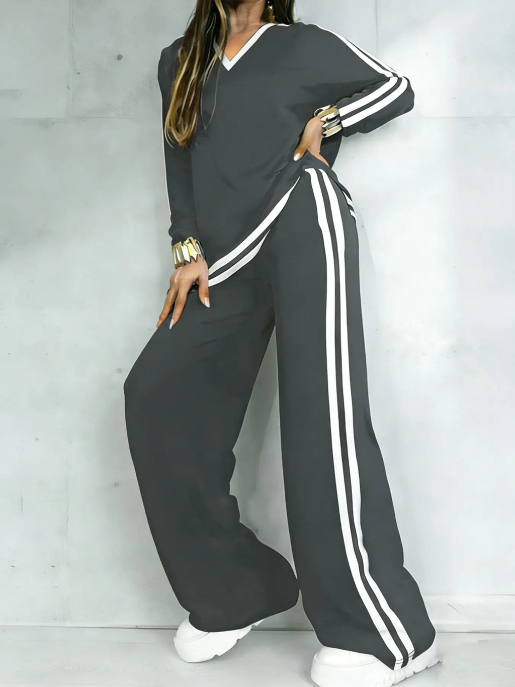 Charcoal V-Neck Top and Striped Wide-Leg Pants Set