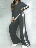 Charcoal V-Neck Top and Striped Wide-Leg Pants Set