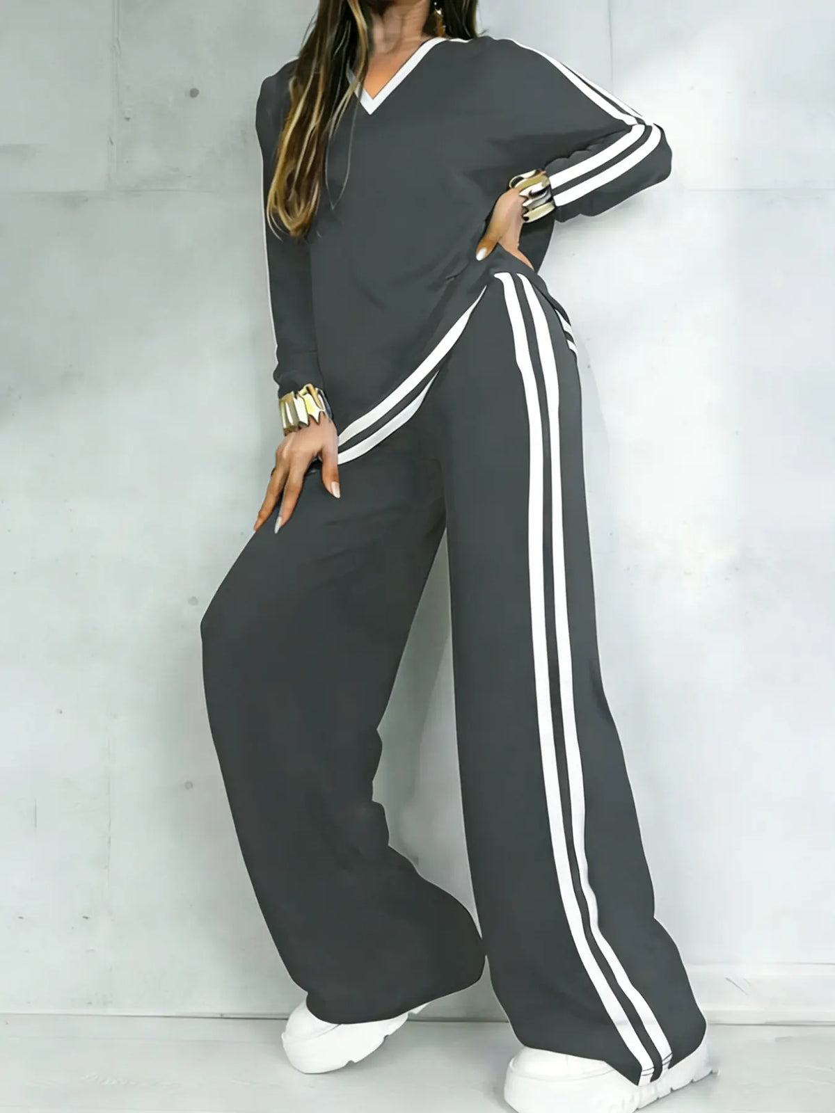 Charcoal V-Neck Top and Striped Wide-Leg Pants Set